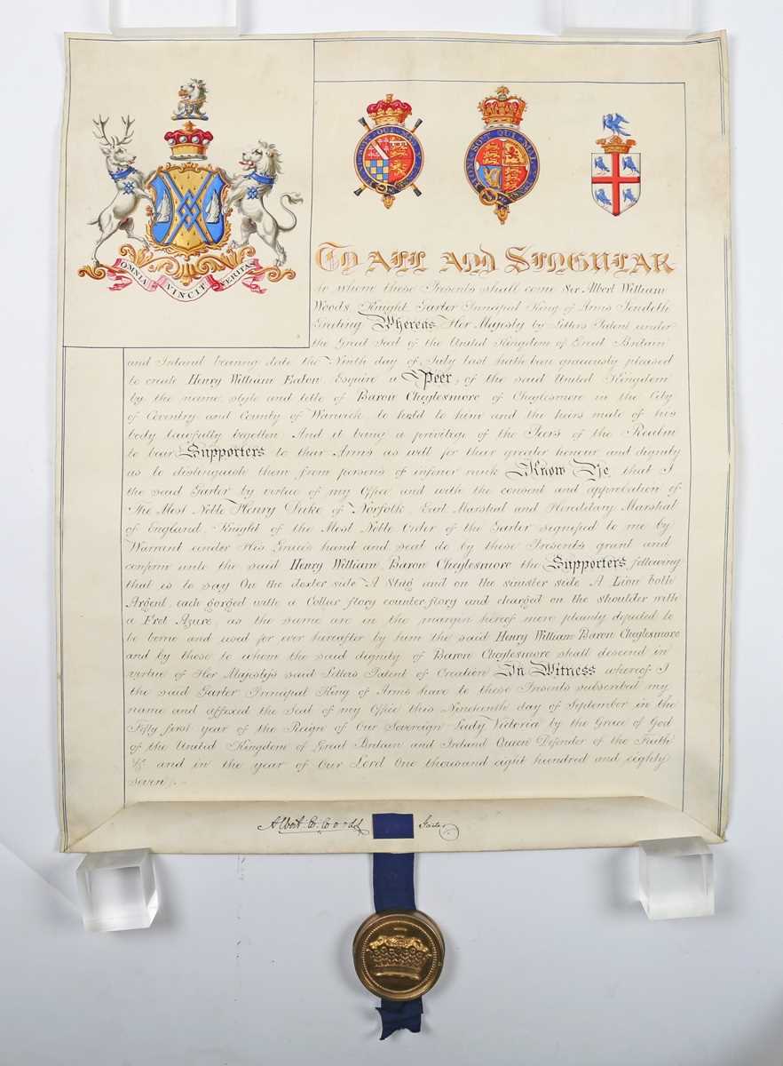 GRANT OF ARMS. A Victorian grant of arms to Henry William Baron Cheylesmoore, with illuminated