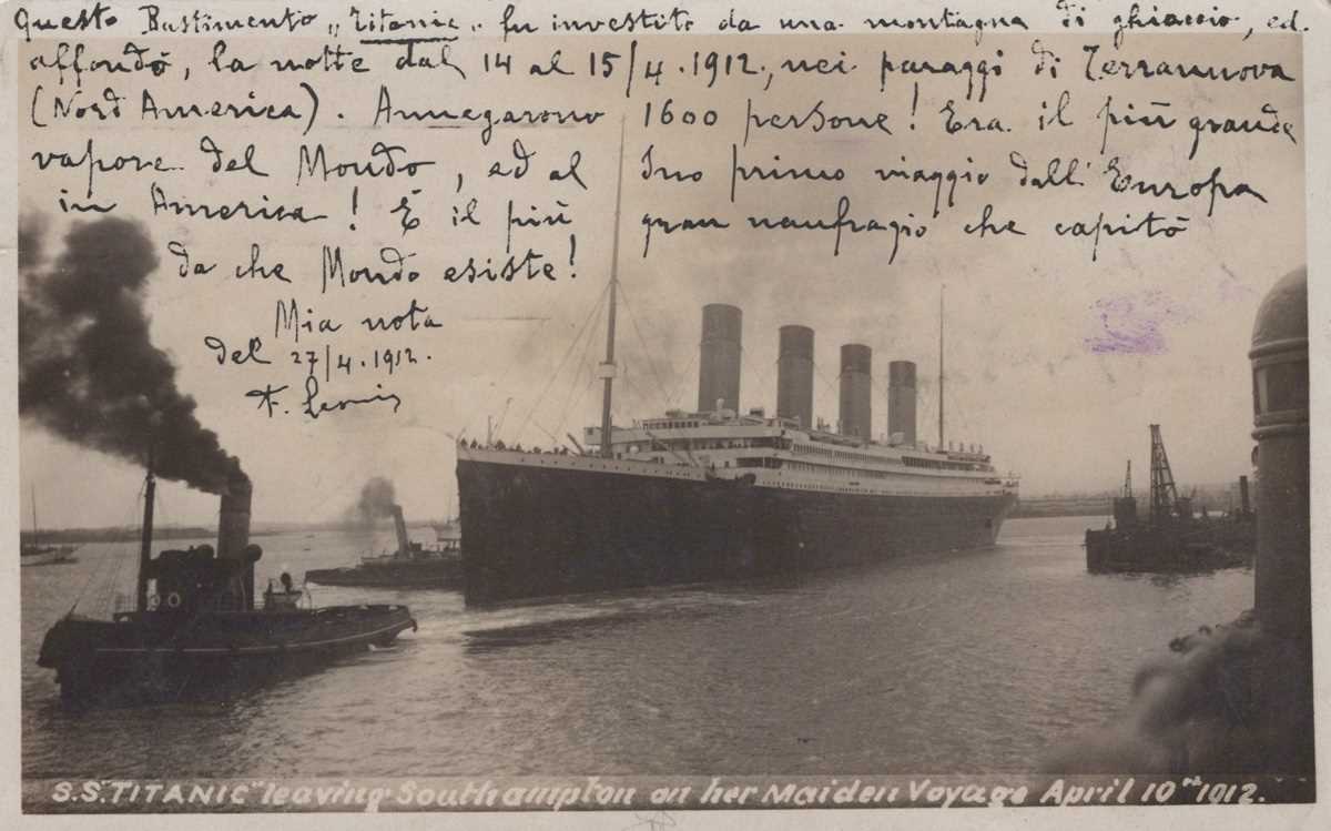 A postcard of the Titanic setting out titled ‘S.S. Titanic leaving Southampton on her Maiden