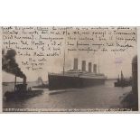 A postcard of the Titanic setting out titled ‘S.S. Titanic leaving Southampton on her Maiden