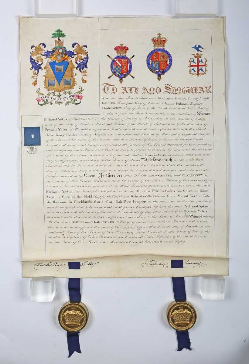 GRANT OF ARMS. A Victorian grant of arms to Henry William Baron Cheylesmoore, with illuminated - Image 9 of 20