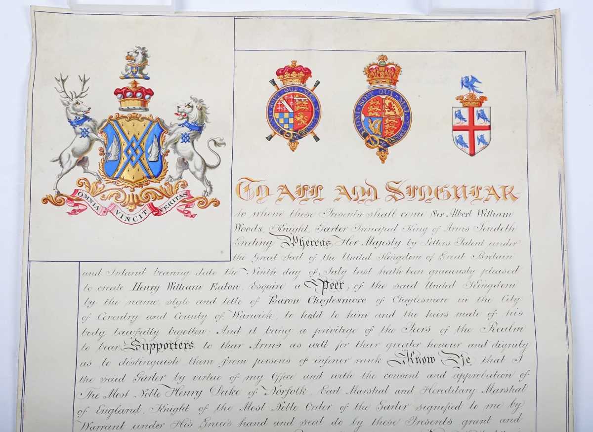 GRANT OF ARMS. A Victorian grant of arms to Henry William Baron Cheylesmoore, with illuminated - Image 2 of 20