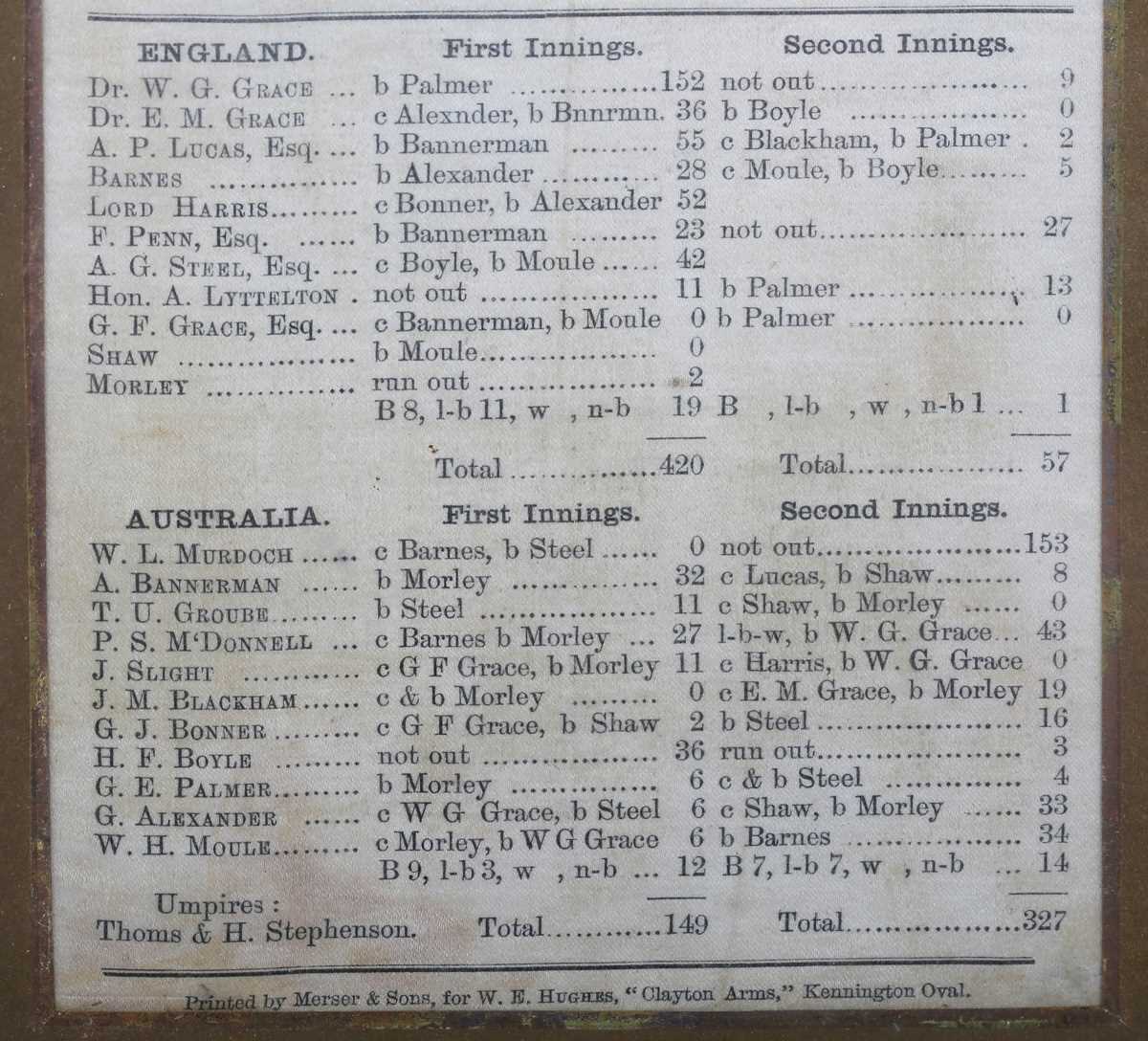 CRICKET. An official silk scorecard for the first test match on English soil, England v Australia, - Image 4 of 5