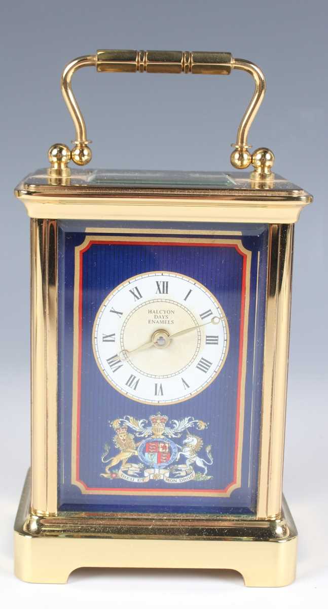 Two late 20th century Halcyon Days lacquered brass and enamel corniche cased carriage timepieces, - Image 9 of 15