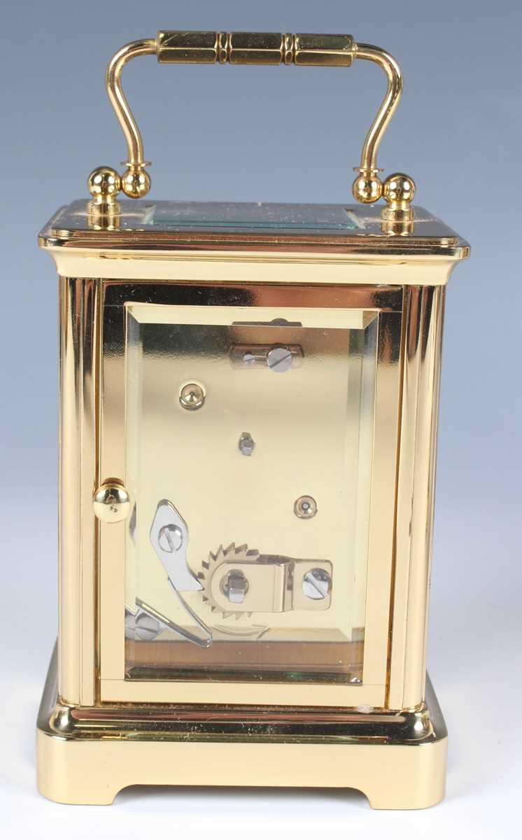 Two late 20th century Halcyon Days lacquered brass and enamel corniche cased carriage timepieces, - Image 6 of 15