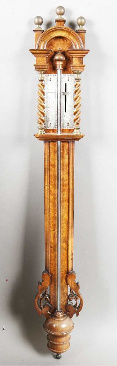 A 20th century Queen Anne style walnut stick barometer with arched surmount, ball finials, barley - Image 5 of 15