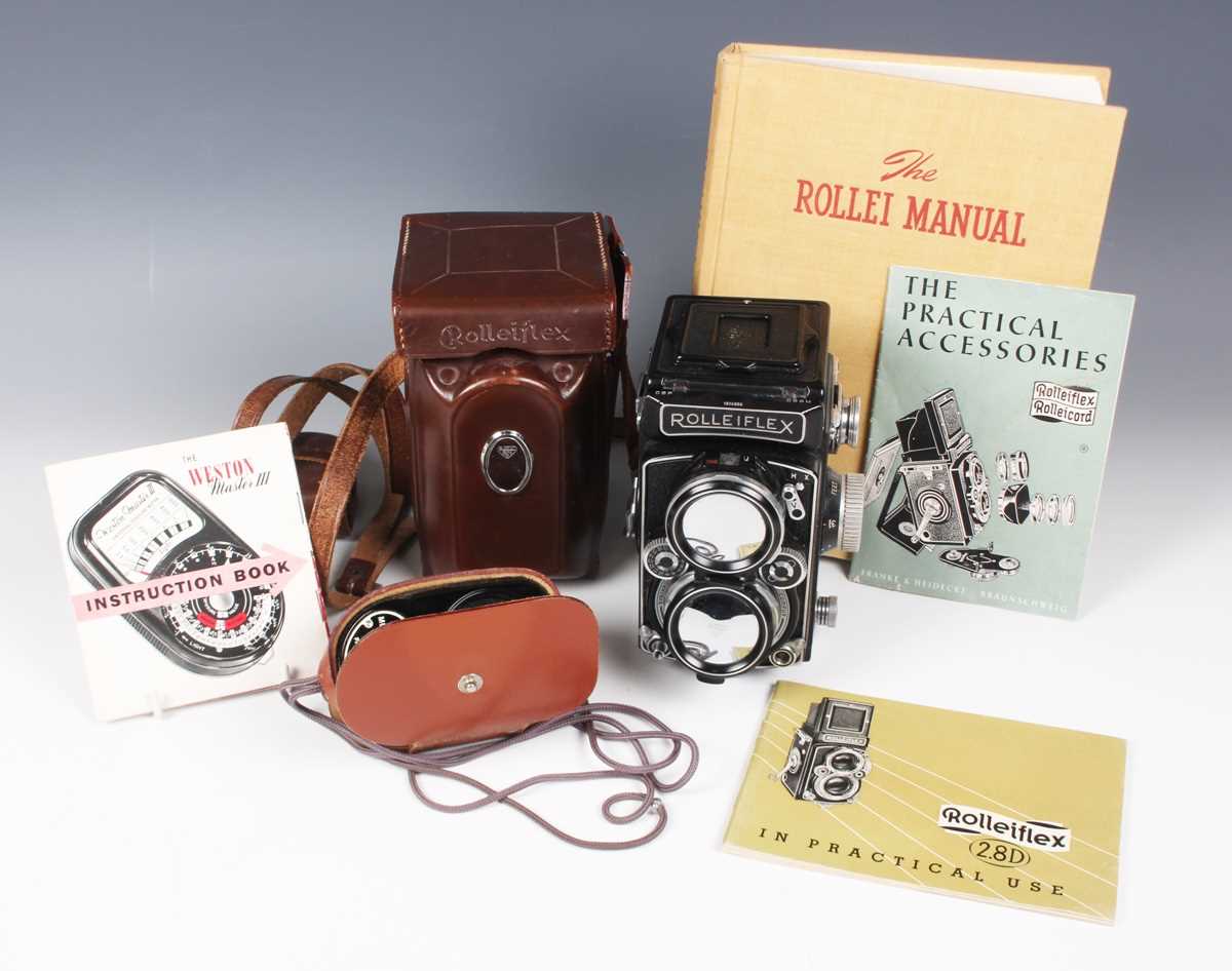 A Franke & Heidecke Rolleiflex 2.8D twin lens reflex camera, Serial No. 1616856, circa 1955, with