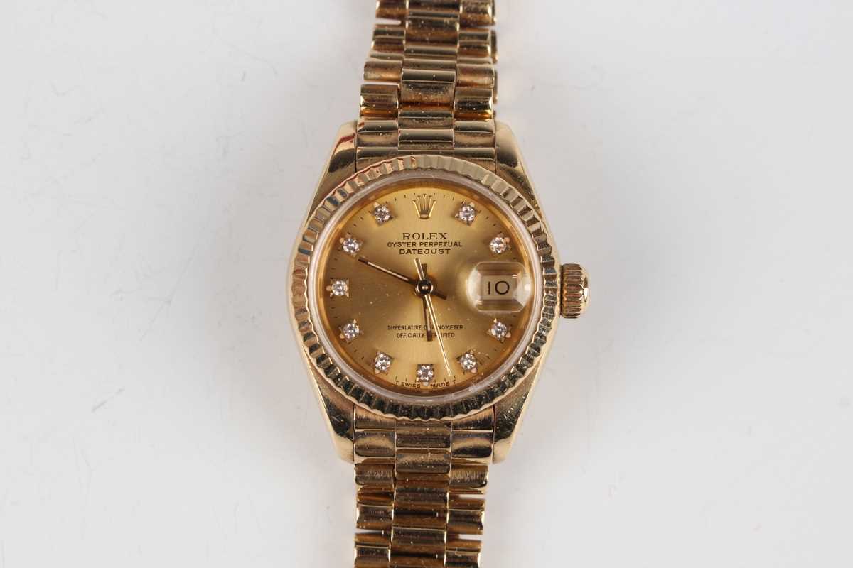 A Rolex Oyster Perpetual Datejust 18ct gold lady's bracelet wristwatch, Ref. 69178, circa 1991, with