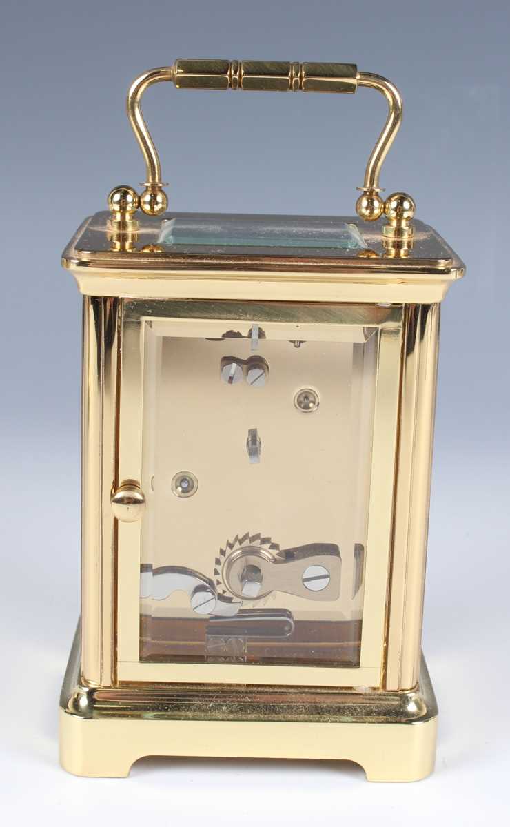 Two late 20th century Halcyon Days lacquered brass and enamel corniche cased carriage timepieces, - Image 13 of 15
