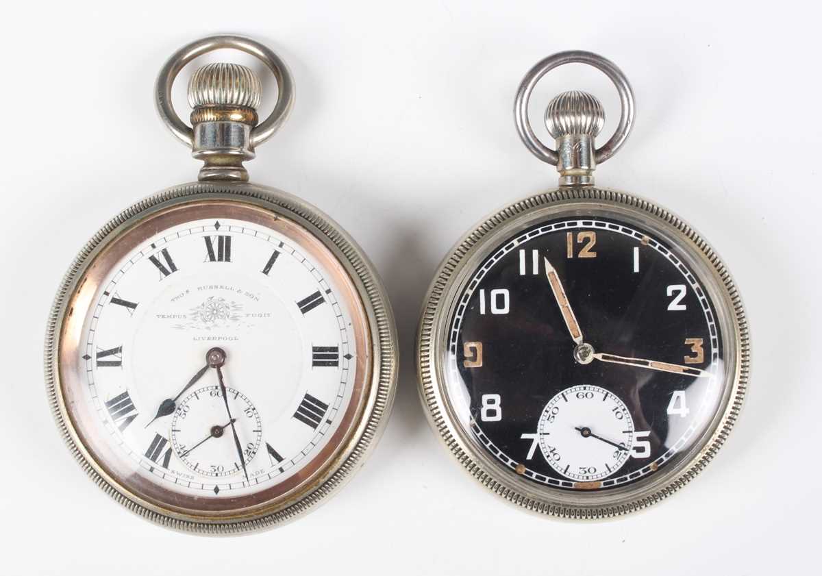 A military style nickel cased keyless wind open faced gentleman's pocket watch with unsigned