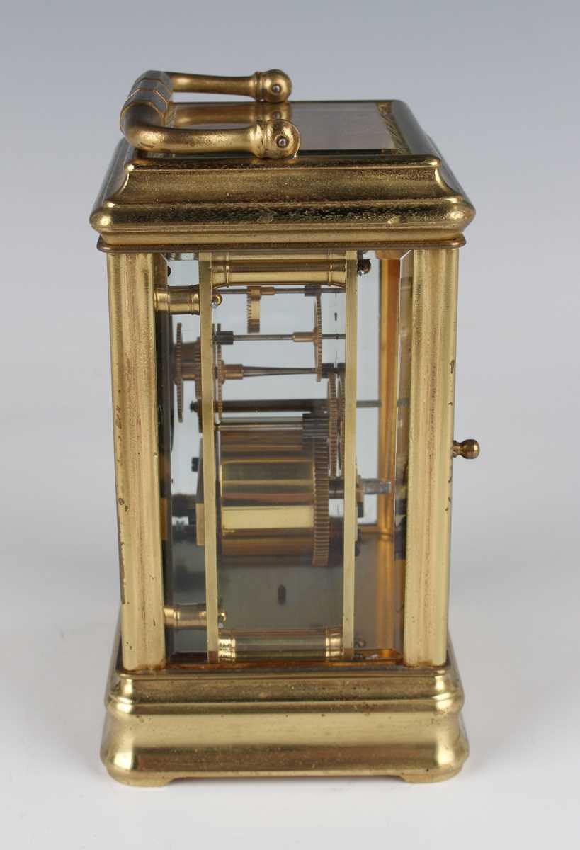 A late 19th century French lacquered brass carriage timepiece with eight day movement, the enamelled - Image 5 of 8