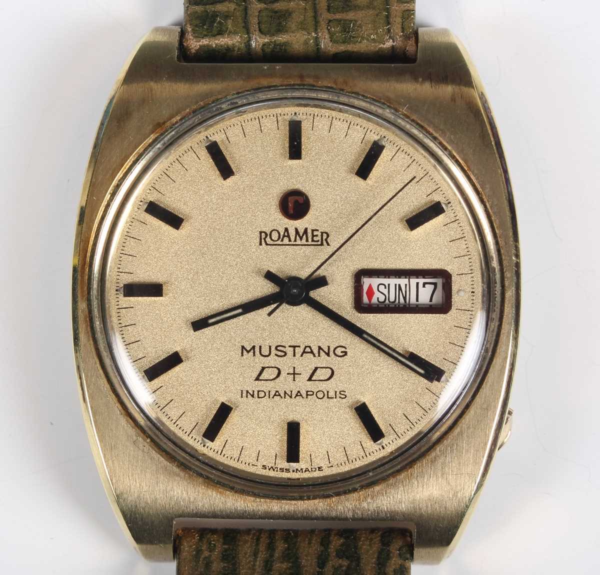 A Roamer Mustang D & D Indianapolis gilt metal fronted and steel backed gentleman's wristwatch, Ref.