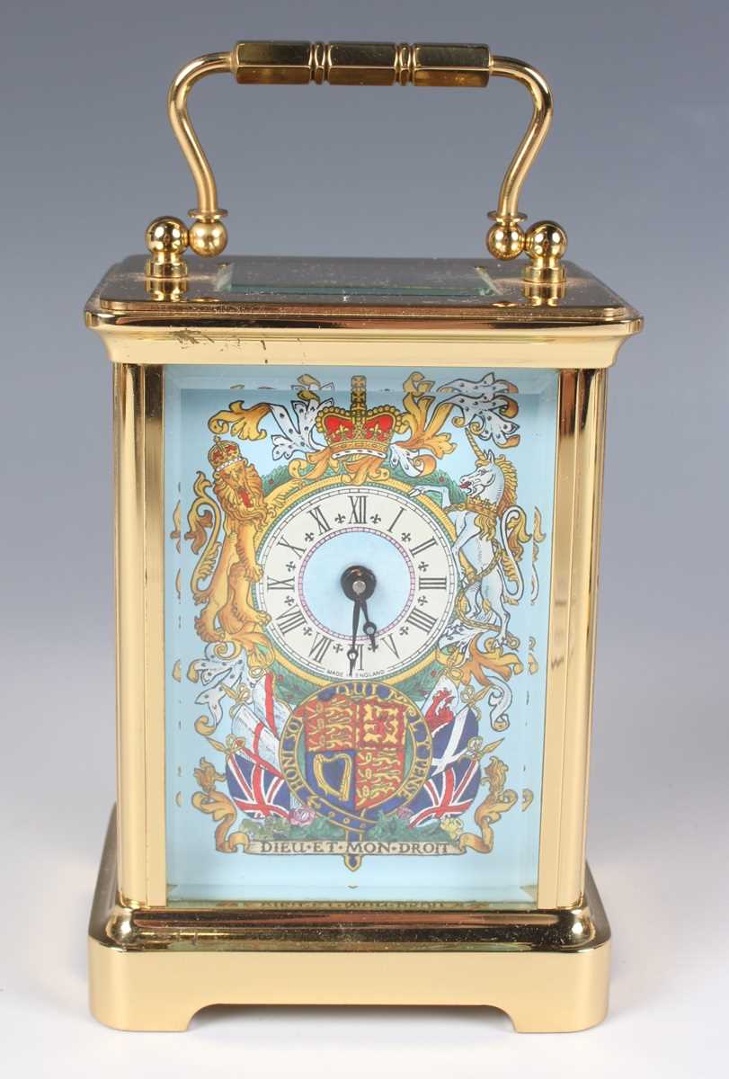 Two late 20th century Halcyon Days lacquered brass and enamel corniche cased carriage timepieces, - Image 2 of 15