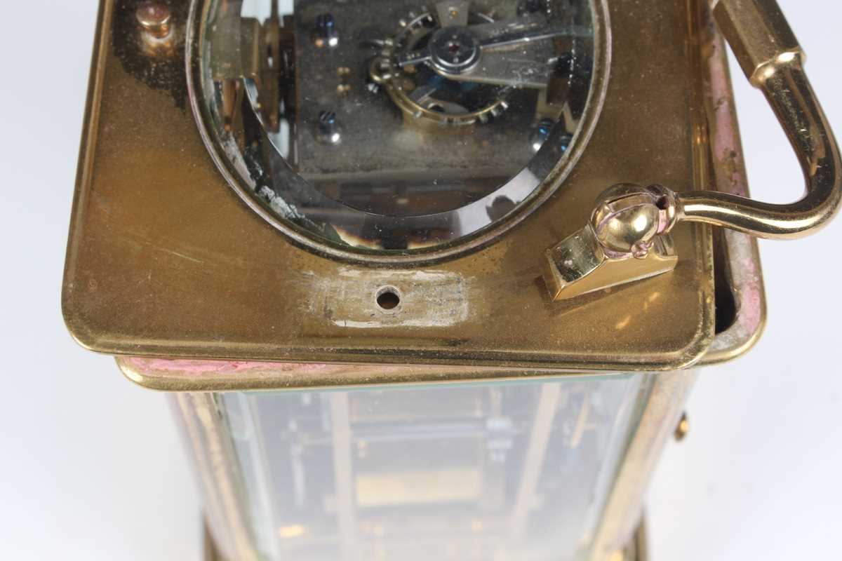A late 19th century French lacquered brass corniche cased carriage alarm clock by E.G. Lamaille, the - Image 8 of 8