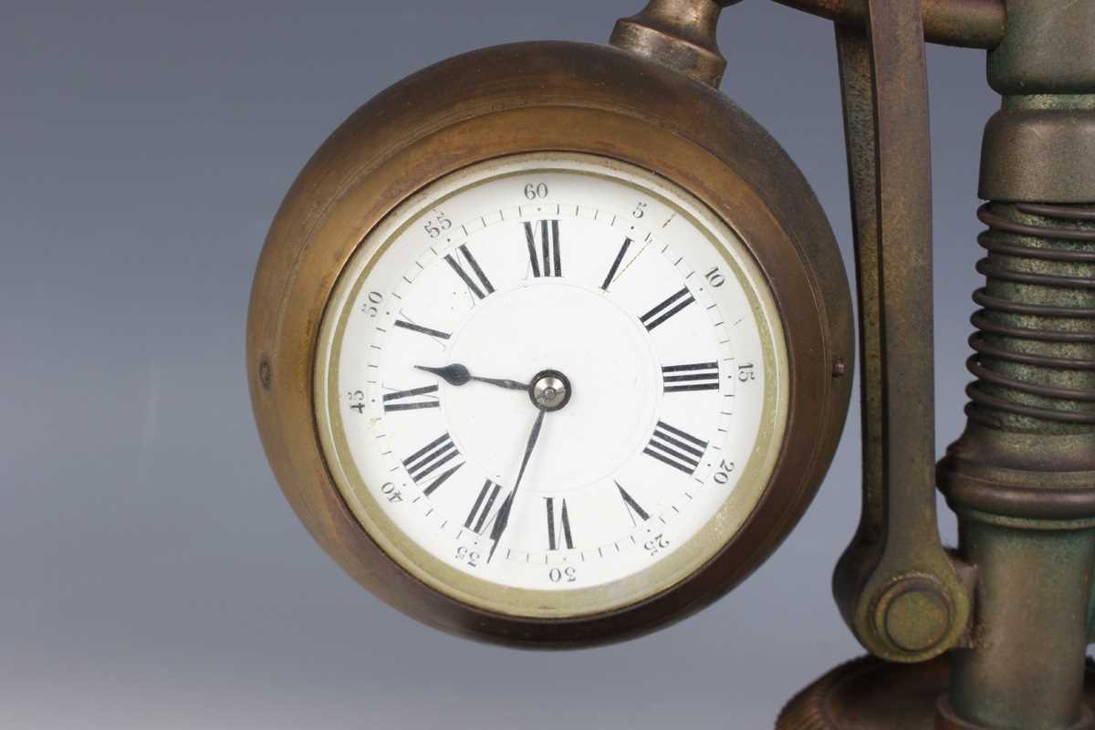 A late 19th century French brass and slate industrial novelty clock and aneroid barometer desk - Image 2 of 8
