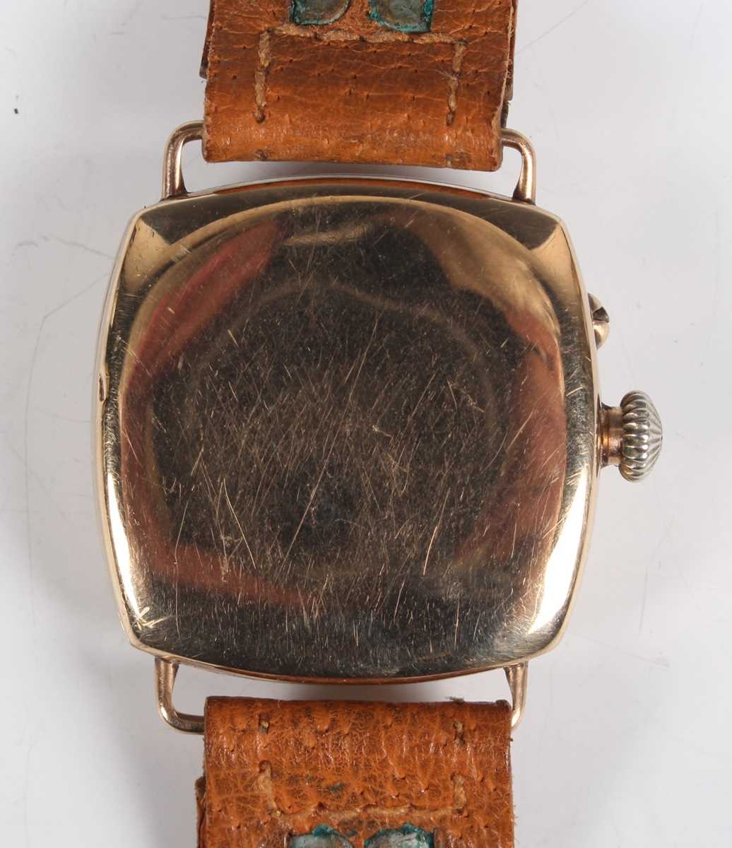 A 9ct gold square cushion cased gentleman's wristwatch with unsigned gilt movement, the enamelled - Image 4 of 6