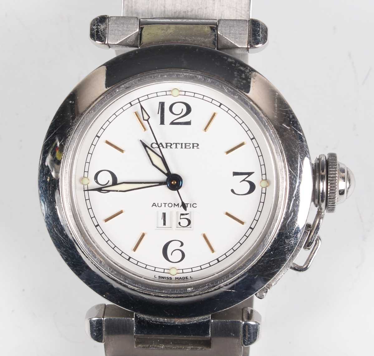 A Cartier de Pasha Automatic stainless steel gentleman's bracelet wristwatch, Ref. 2475, with signed