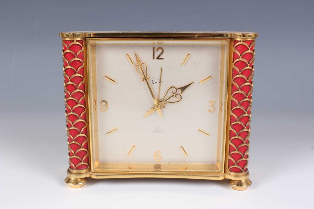 A Swiza gilt brass and red leather cased mantel alarm clock with eight day movement, the case with - Image 2 of 19