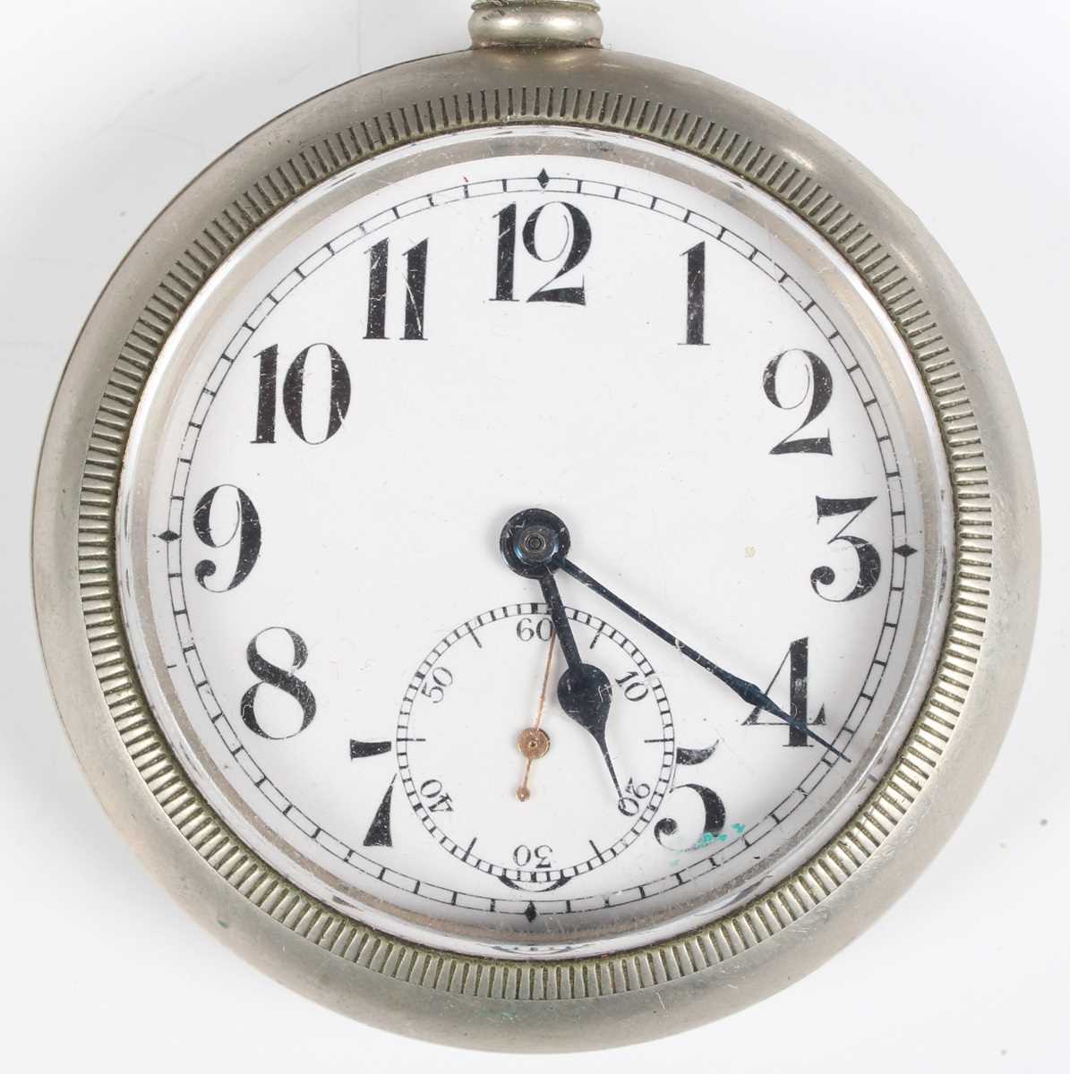 A chrome plated base metal cased keyless wind open faced gentleman's Goliath pocket watch, the white - Image 9 of 18