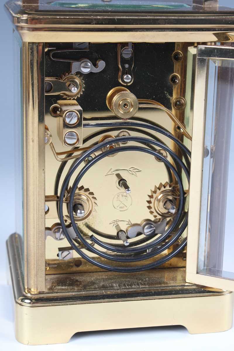 A late 20th century French lacquered brass corniche cased carriage alarm clock by L'Epée, the - Image 3 of 7