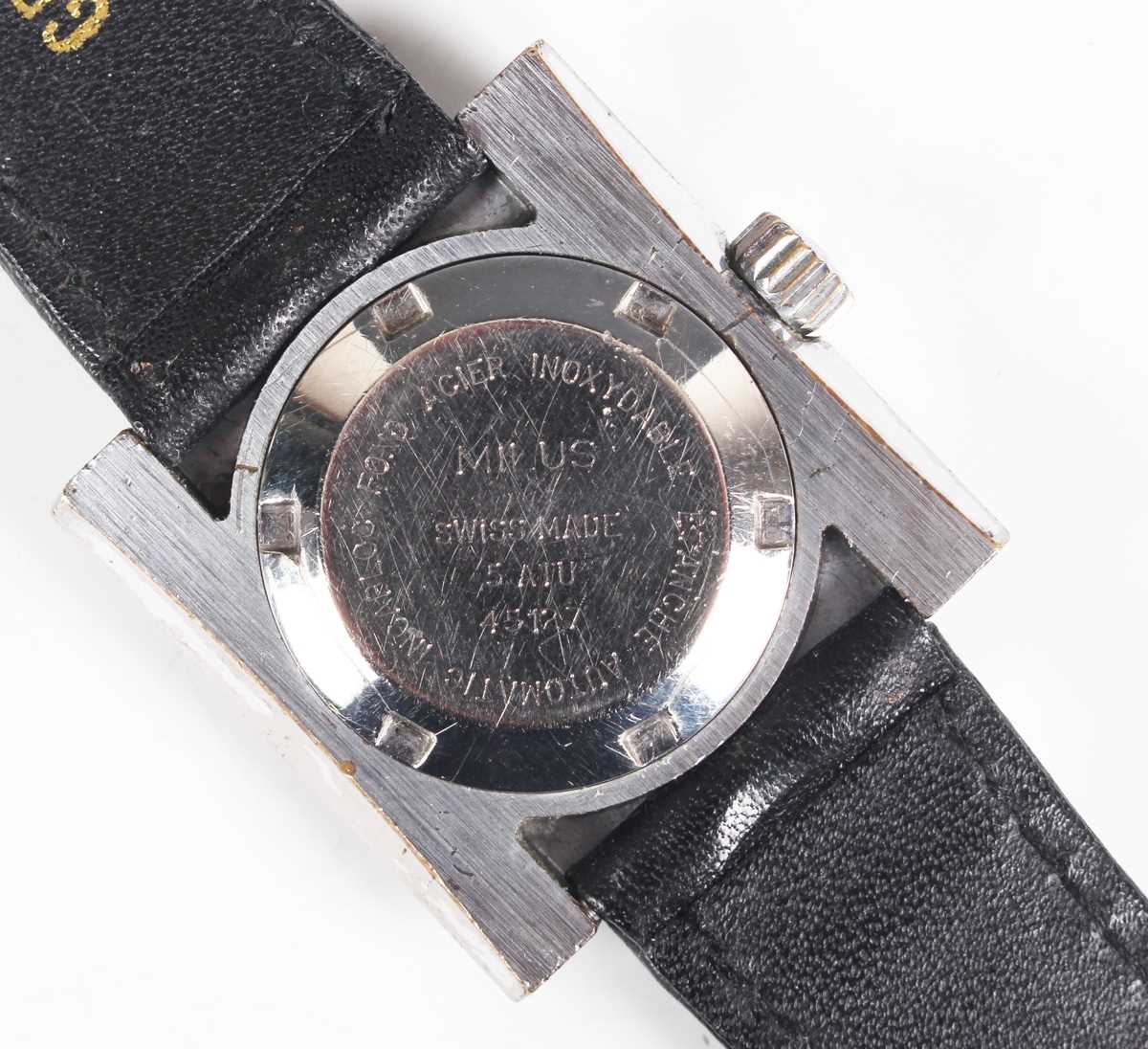 A Milus Automatic square cased wristwatch with signed and jewelled Bucherer movement, the black dial - Image 3 of 5