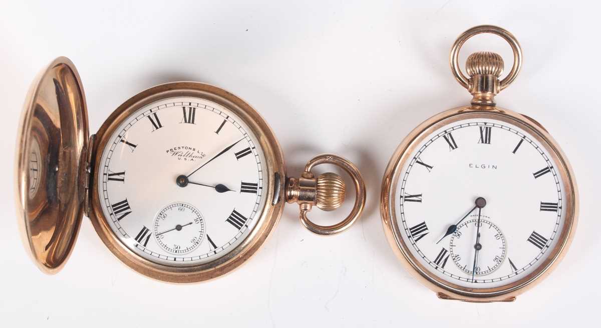 A Waltham gilt metal hunting cased keyless wind gentleman's pocket watch, the signed dial with