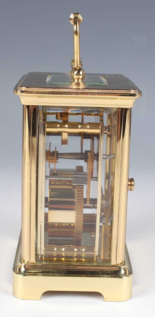 Two late 20th century Halcyon Days lacquered brass and enamel corniche cased carriage timepieces, - Image 12 of 15