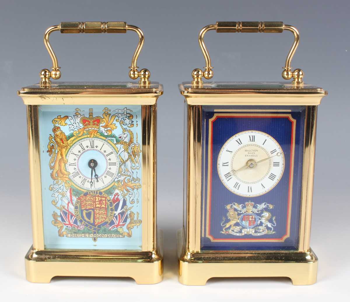 Two late 20th century Halcyon Days lacquered brass and enamel corniche cased carriage timepieces,