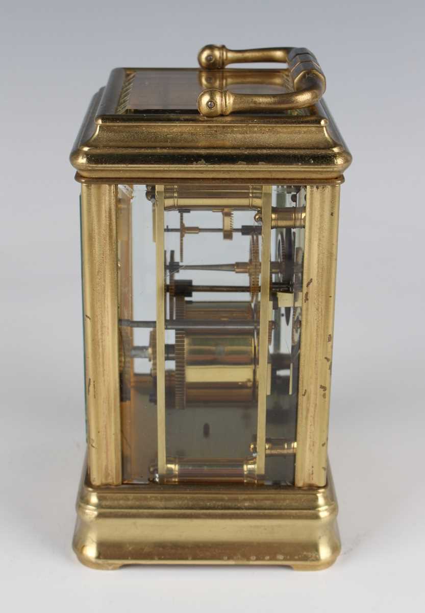 A late 19th century French lacquered brass carriage timepiece with eight day movement, the enamelled - Image 6 of 8
