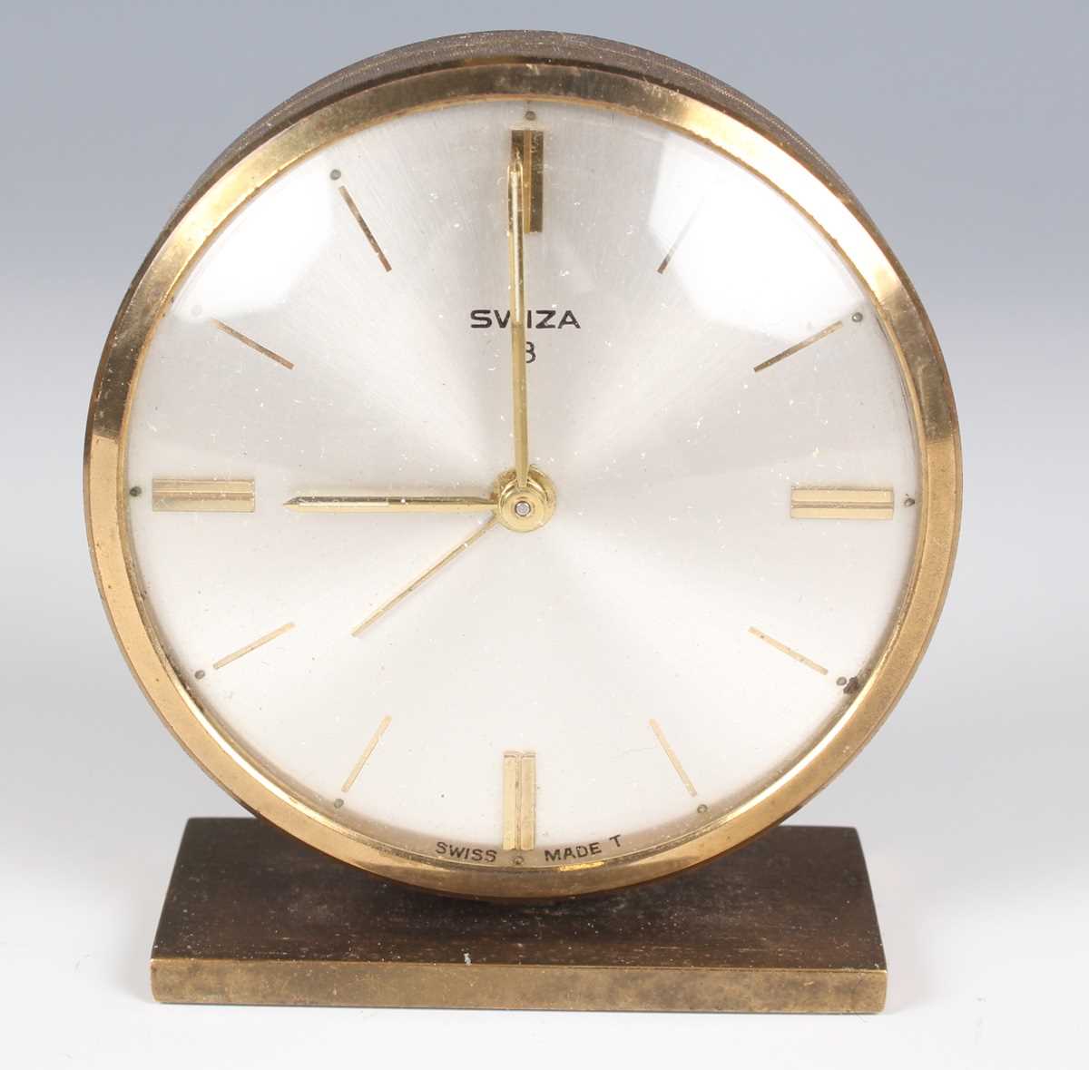 A Swiza gilt brass and red leather cased mantel alarm clock with eight day movement, the case with - Image 18 of 19