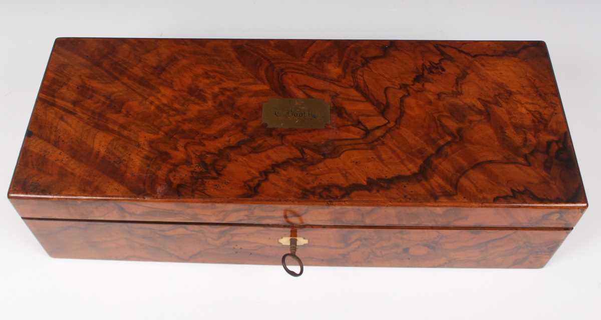 A late Victorian burr walnut drawing instrument box, fitted with two detachable trays containing - Image 3 of 7