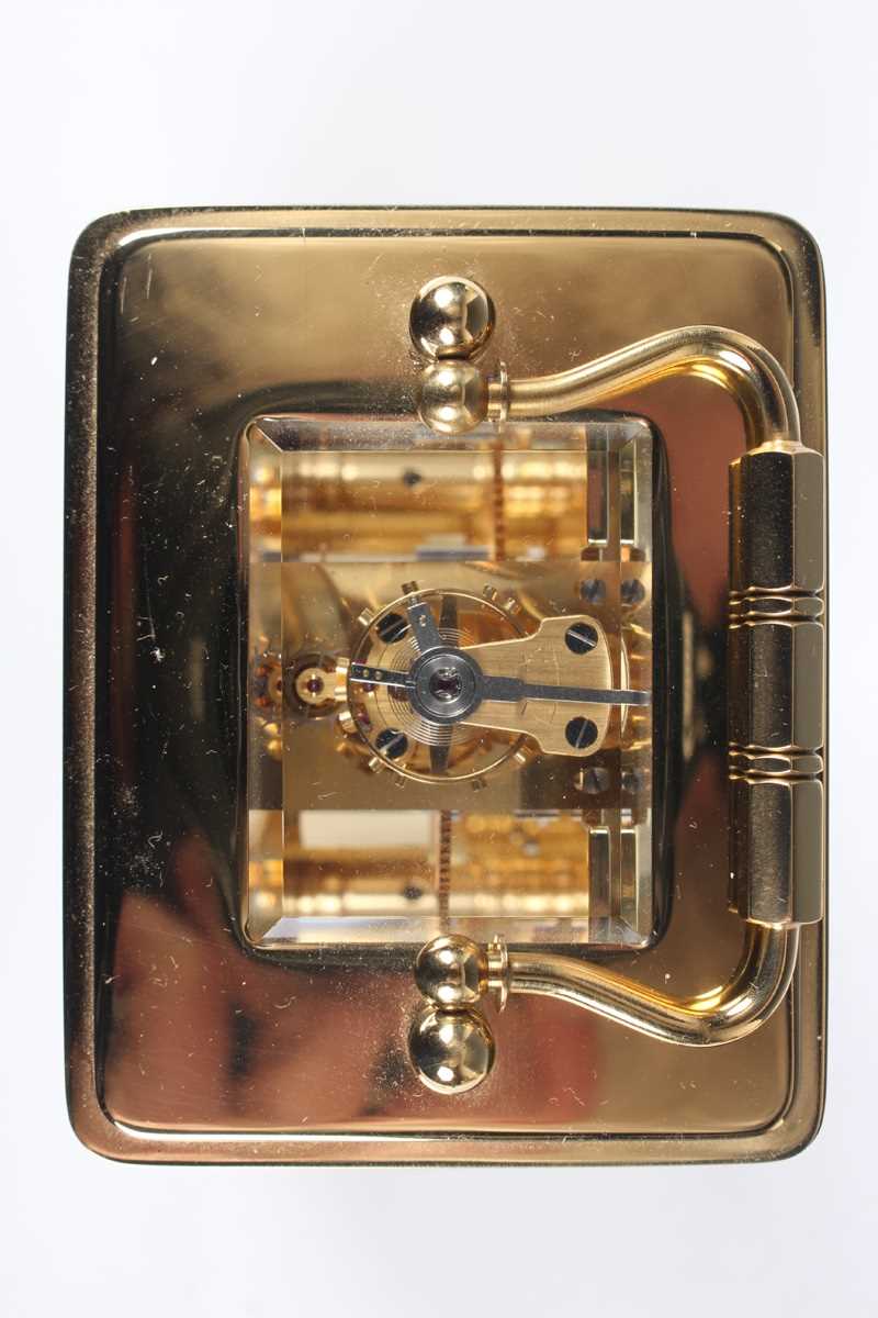 Two late 20th century Halcyon Days lacquered brass and enamel corniche cased carriage timepieces, - Image 8 of 15