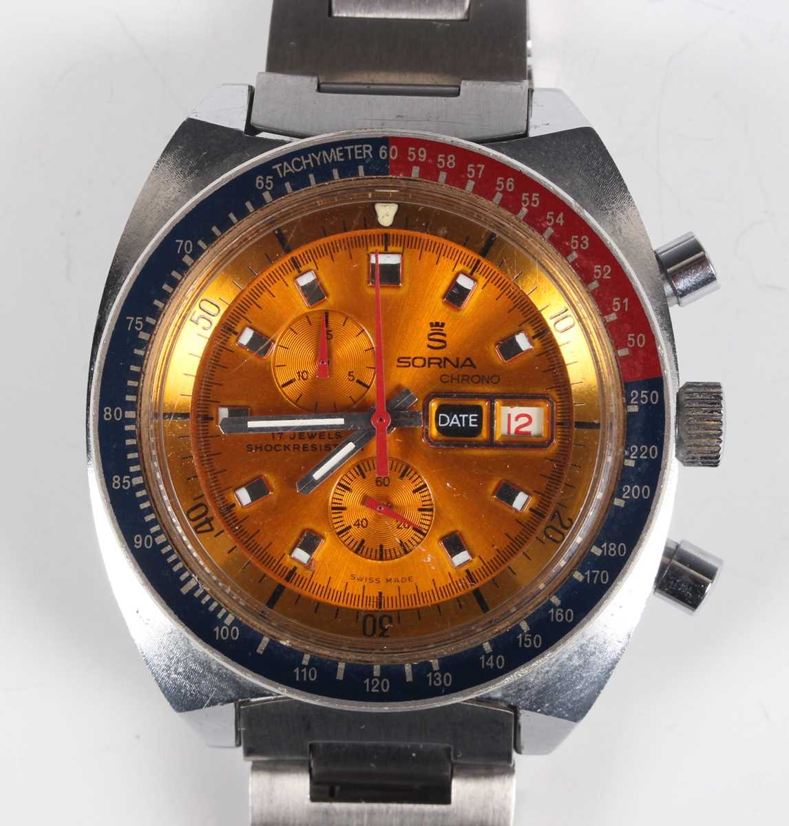 A Sorna Chrono steel backed gentleman's chronograph bracelet wristwatch, Ref. 2697, circa 1970s,