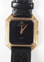 A Baume & Mercier Quartz 18ct gold cut cornered square cased lady’s wristwatch, the signed black