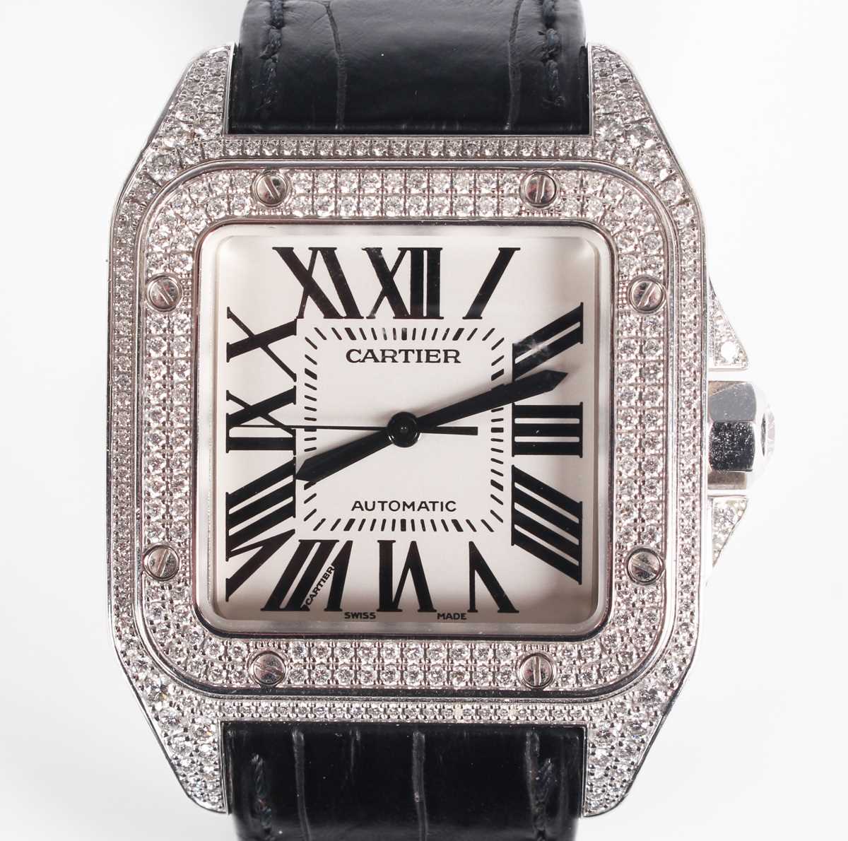 A Cartier Santos 100 Automatic 18ct white gold and diamond set gentleman's wristwatch, Ref. 2744,