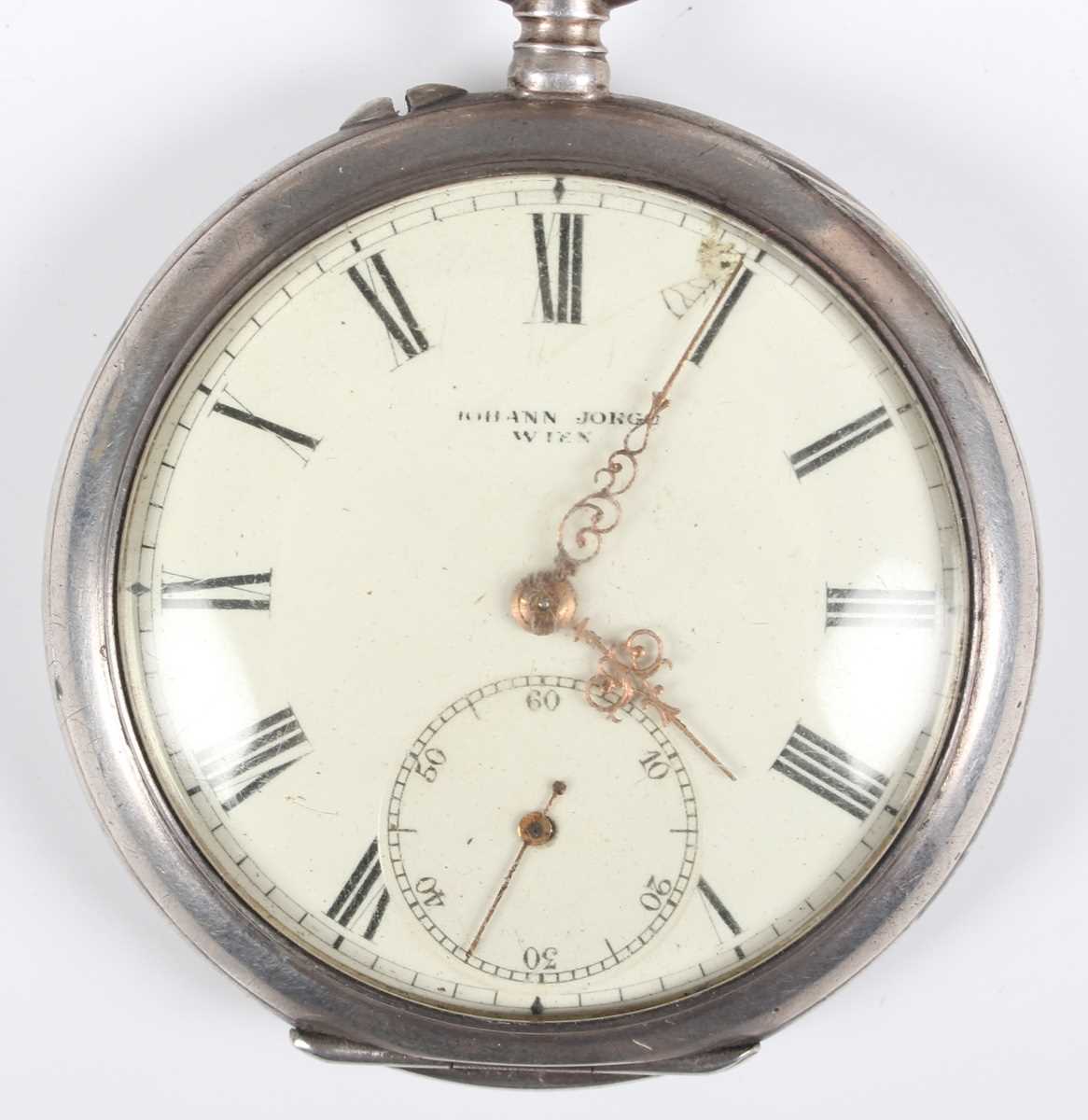 A silver cased keyless wind open faced gentleman's pocket watch, the dial detailed 'Johann Jorgo - Image 2 of 31