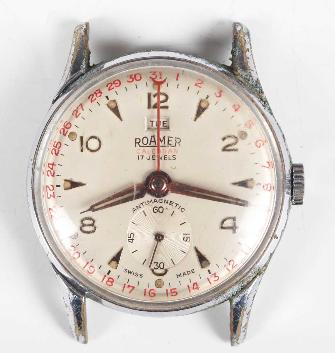 A Roamer Calendar steel backed circular cased gentleman's wristwatch with signed and jewelled MST