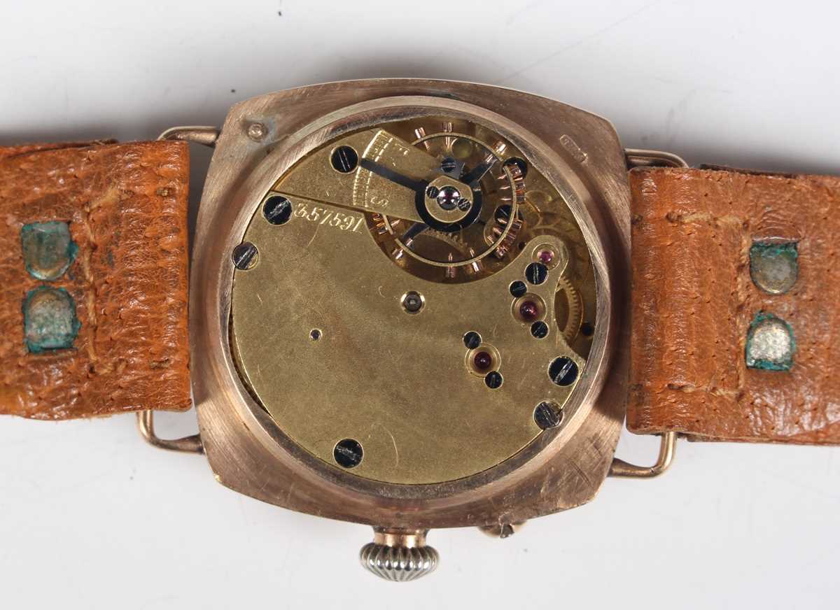 A 9ct gold square cushion cased gentleman's wristwatch with unsigned gilt movement, the enamelled - Image 2 of 6