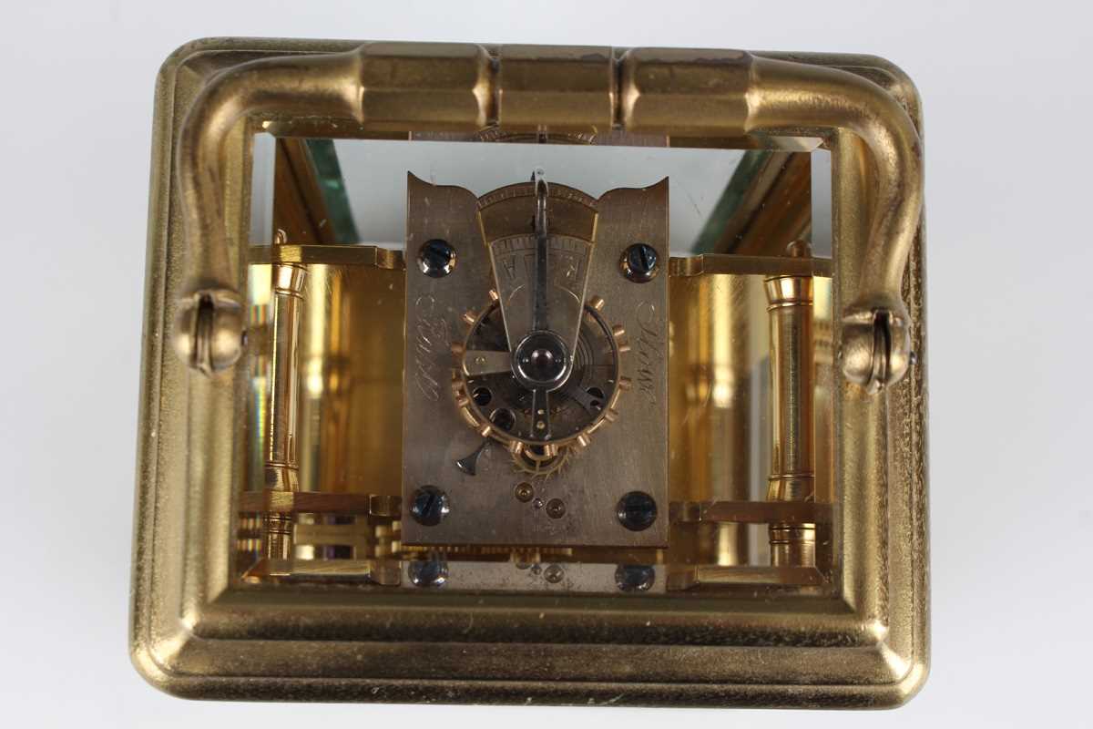 A late 19th century French lacquered brass carriage timepiece with eight day movement, the enamelled - Image 7 of 8