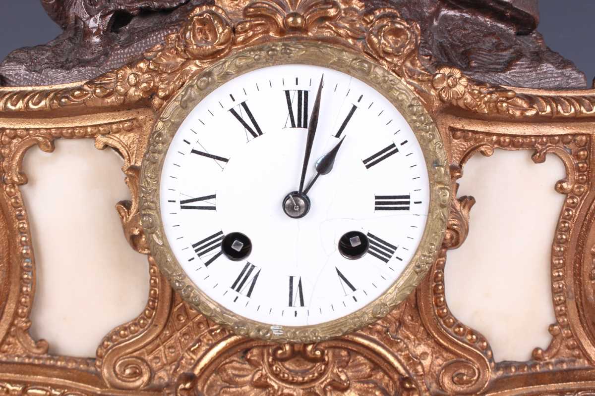 A mid to late 19th century French brown patinated and gilt spelter mantel clock, the eight day - Image 2 of 9