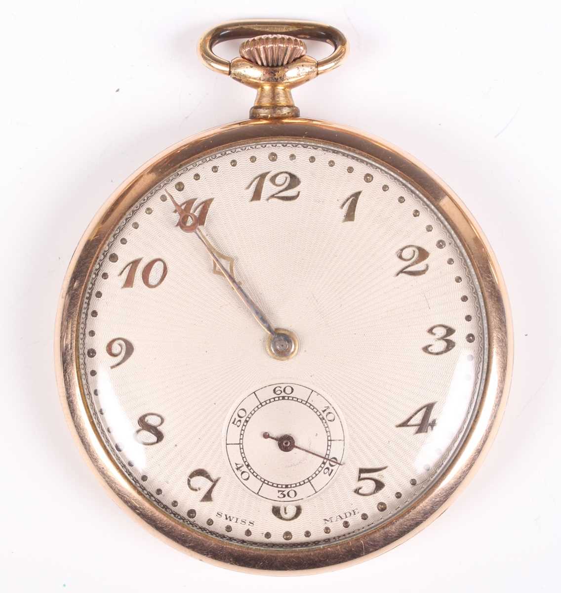 A gilt metal cased keyless wind open faced gentleman's dress pocket watch, the silvered dial with - Bild 2 aus 25