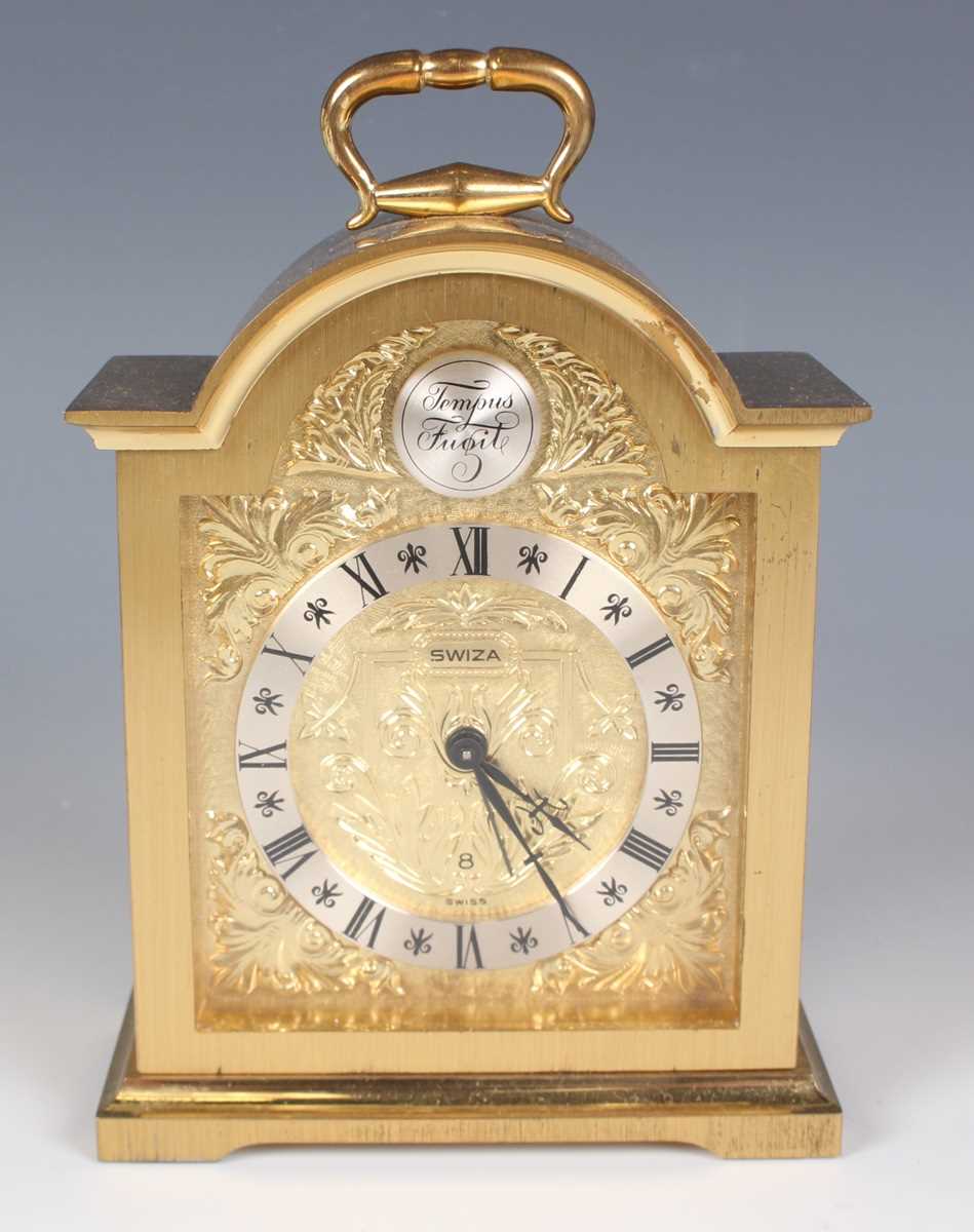 A Swiza gilt brass mantel timepiece with eight day movement, height 13cm, together with a Looping - Image 2 of 14