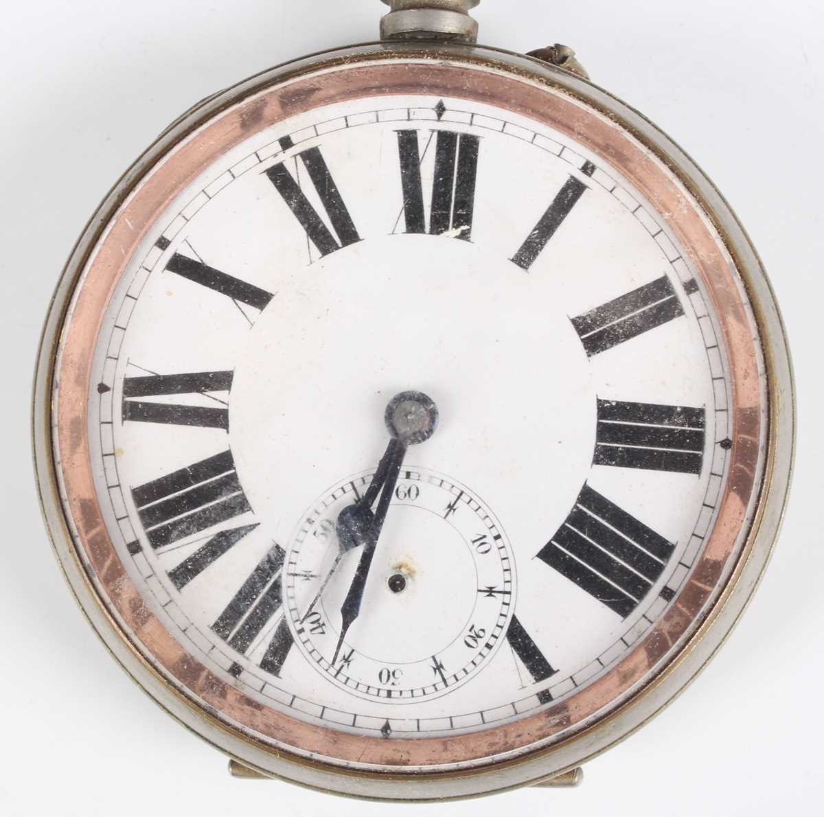 A chrome plated base metal cased keyless wind open faced gentleman's Goliath pocket watch, the white - Image 17 of 18