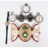 A green enamelled keyless wind open-faced lady’s fob watch with unsigned jewelled cylinder movement,