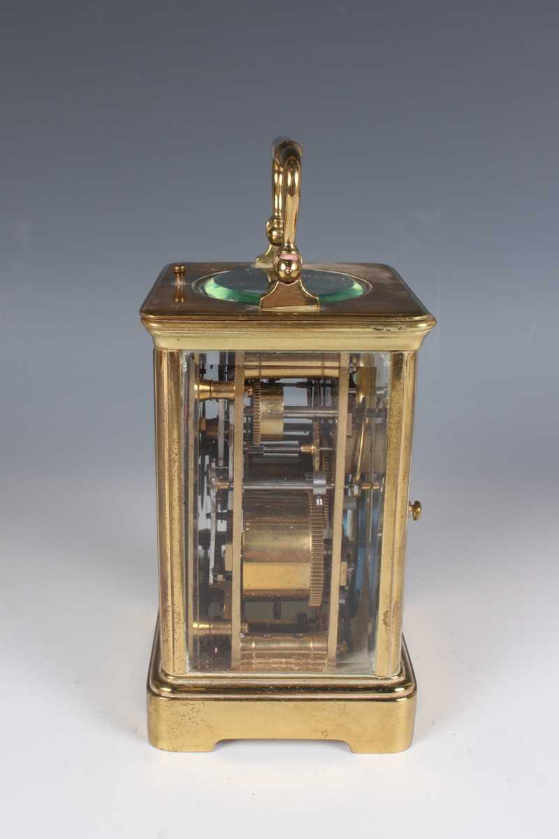 A late 19th century French lacquered brass corniche cased carriage alarm clock by E.G. Lamaille, the - Image 4 of 8