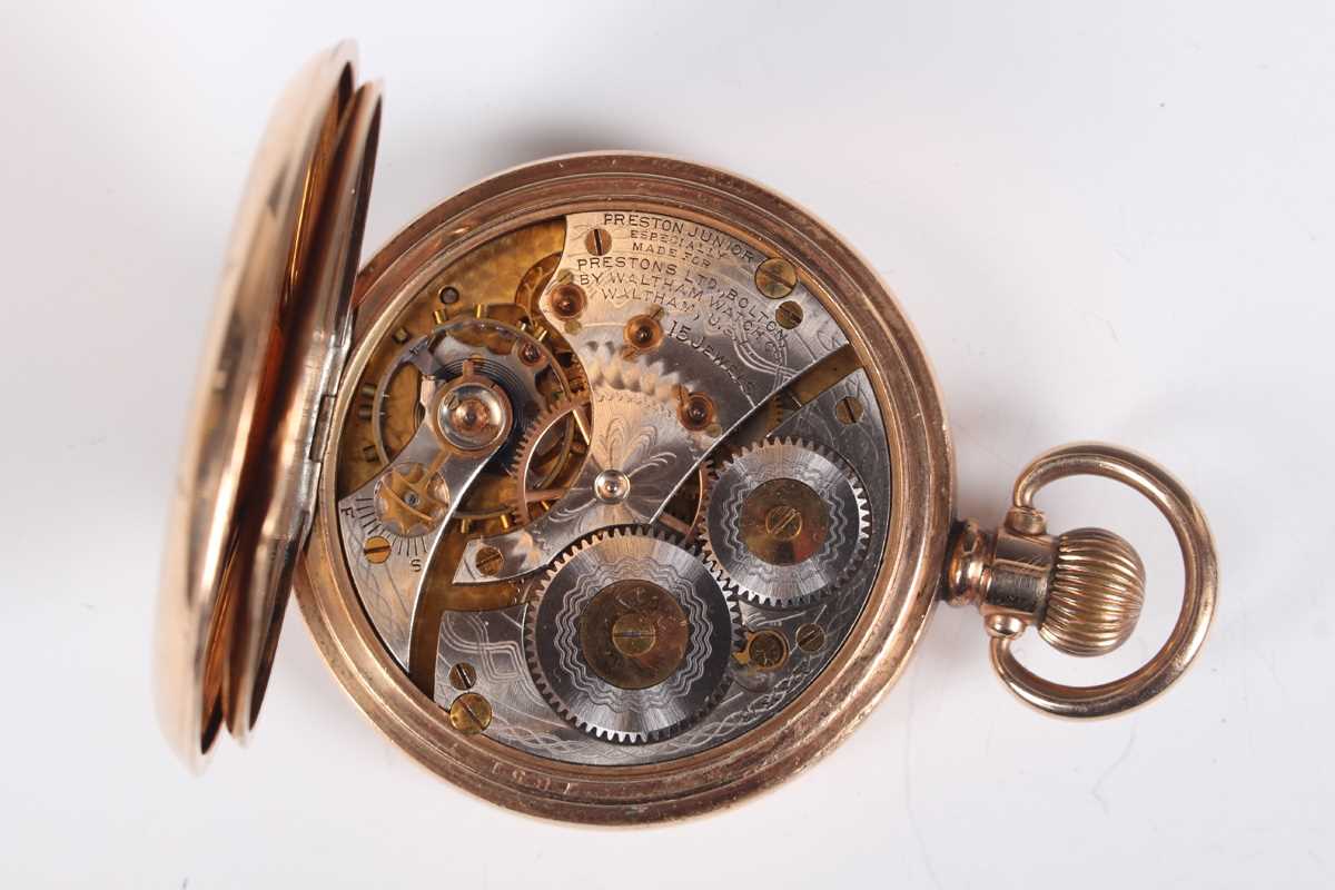 A Waltham gilt metal hunting cased keyless wind gentleman's pocket watch, the signed dial with - Image 3 of 13