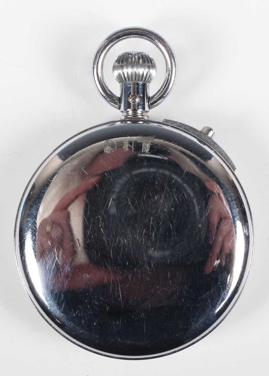 A Heuer chrome plated metal cased keyless wind open-faced stopwatch, the enamelled dial with outer - Image 2 of 3