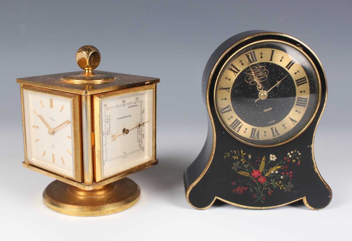 A mid-20th century Imhof gilt brass desk timepiece and weather compendium, the revolving cube shaped