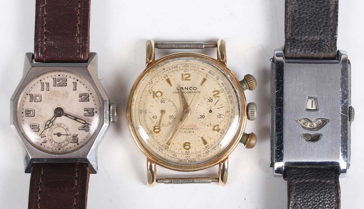 A Lanco chronograph gilt metal fronted and steel backed gentleman's wristwatch with unsigned