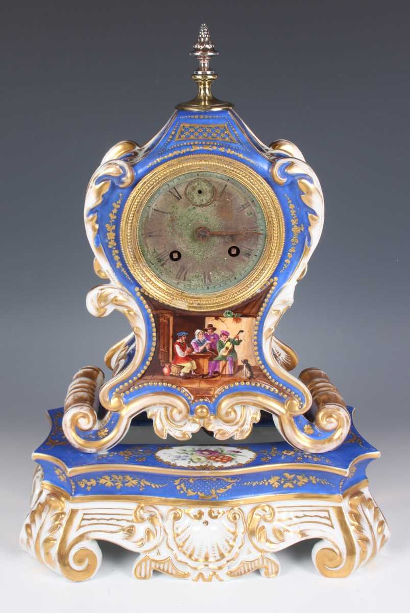 A mid-19th century French Paris porcelain cased mantel clock and stand, the eight day movement