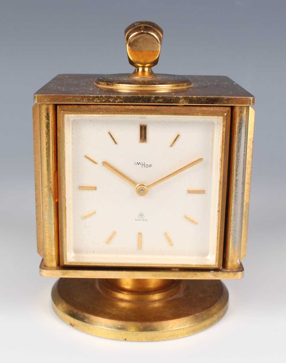 A mid-20th century Imhof gilt brass desk timepiece and weather compendium, the revolving cube shaped - Image 2 of 15